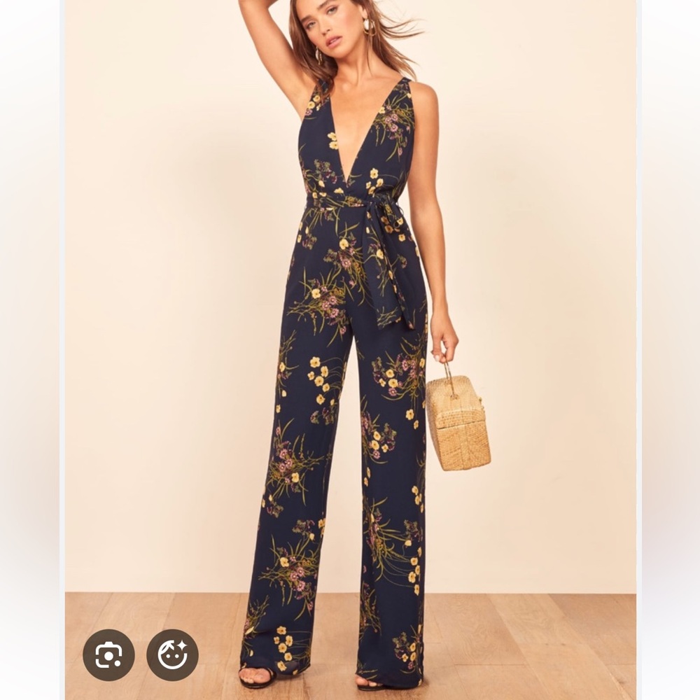 Reformation floral printed navy jumpsuit size 4
